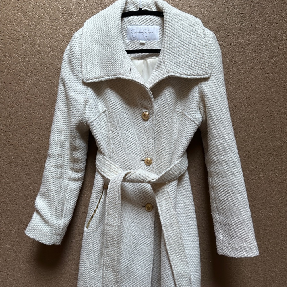 Jessica Simpson Cream Belted Coat Medium | Textured Winter Jacket Gold Details